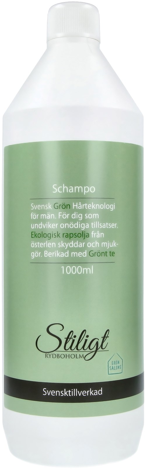 Eine weiße Shampoo-Flasche mit grünem Etikett, das Verwendung und Volumen 1000 ml beschreibt.