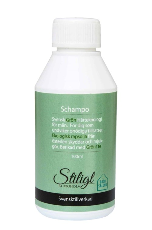 Grüne und weiße Shampoo-Flasche mit schwedischem Text, Markenname Stilight und 100 ml Etikett.