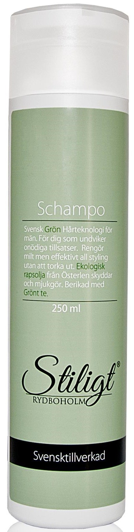 A green and white shampoo bottle with black label, brand named Stilig, used for hair cleansing.