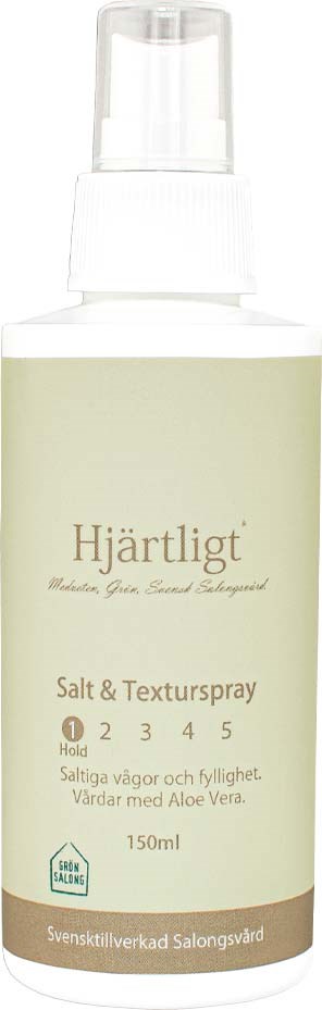 A bottle labeled 'Hjärtligt' with salt and aloe vera spray, 150ml, for skin healing and moisture.