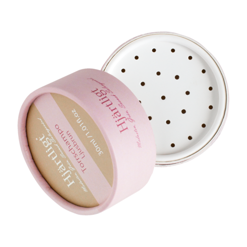 Pink container with words, partially open, shows powder inside, labeled for hot and cold use, with sample spoon.