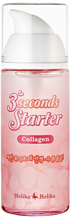 Pinkki ihonhoitopullo pumppupullolla, merkinnällä '3 seconds Starter Collagen' Holika Holika.