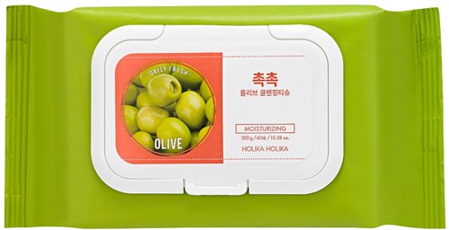 Grüne Verpackung mit Label, zeigt grüne Oliven und Text, einschließlich "Moisturizing" und asiatischer Schrift.
