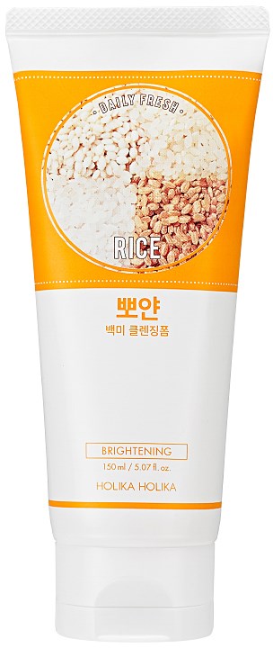 A tube of rice-themed skincare product with orange and white packaging, labeled 'Daily Fresh Rice Brightening'.
