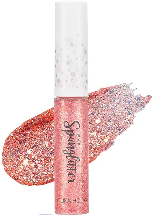 En rosa glitrende leppglansflaske med ordet 'Shimmer' og en sprekk av glitter under.