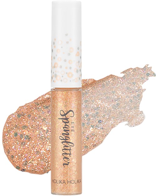 En glitteraktig leppestift-essensrør med sølt gloss, merket 'Supergloss' av Holika Holika.