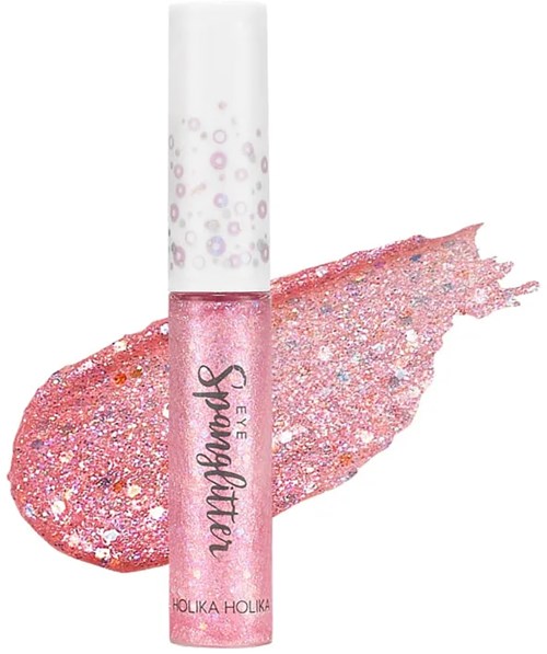 En rosa glitterlippglans med hvit hette og fargede gnister, merket 'Mommy' av Holika Holika.