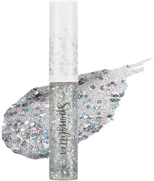 En klar stang med glitter som glittrer inni, med hvit hette. Noe glitter er sølt på en hvit bakgrunn.