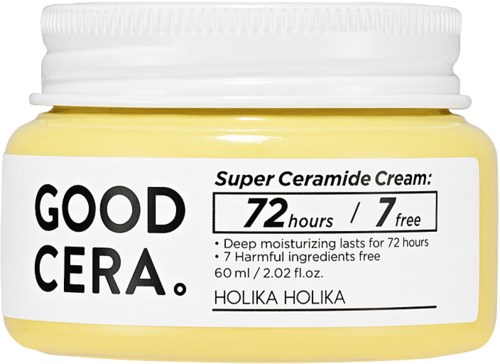 Een gele pot met wit deksel bevat Good Cera Super Ceramide Cream, biedt 72 uur diepe hydratatie.