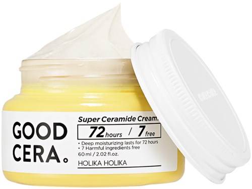 Gele crèmepot met open deksel, gelabeld "Good Cera" Super Ceramide Cream, 72 uur houdbaarheid, plus 7 gratis.