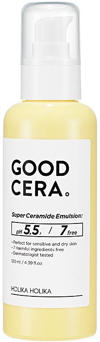 Gele fles voor skincare met witte pump, labeled 'GOOD CERA' voor gevoelige huid.