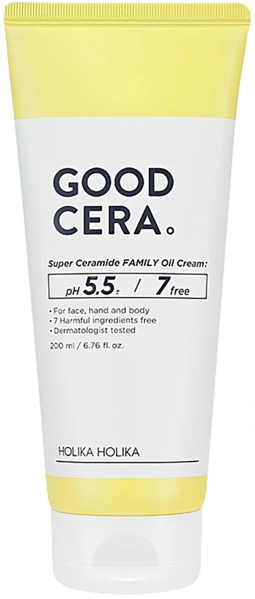 A white and yellow tube of Good Cera face cream with pH 5.5, for face, hand, and body, free from harmful ingredients.