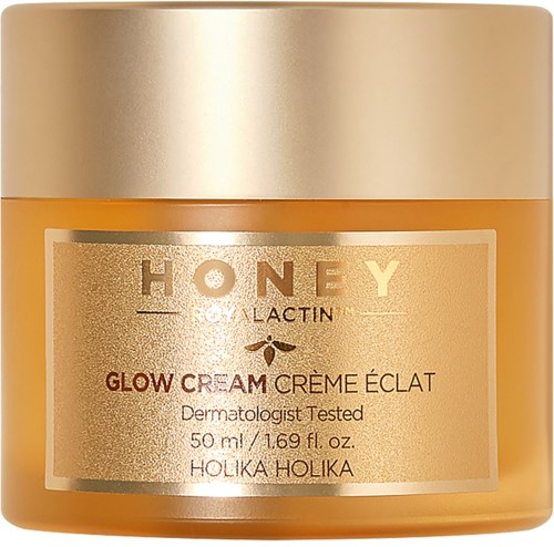 Loota, jossa lukee 'Honey Glow Cream' Holika Holika, dermatologisesti testattu, 50 ml, kultainen kansi.