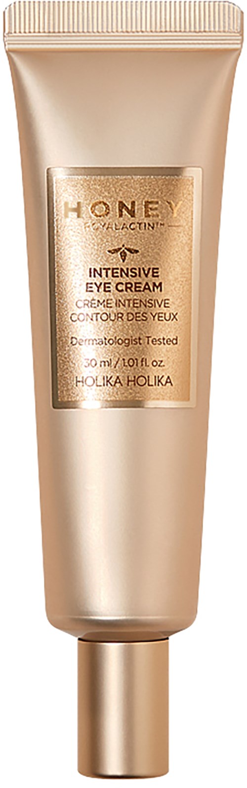 Tuba Holika Holika Honey Intensive Eye Cream do pielęgnacji skóry. Ma beżowy i złoty design z nakrętką.