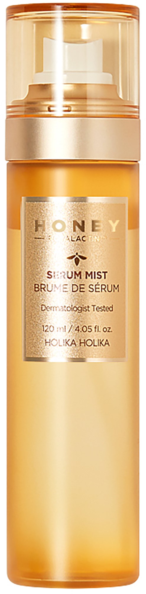 A tall, gold-colored bottle with a pump top, labeled as honey serum mist, on a black background.