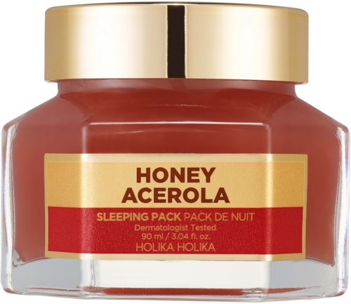 Pieni lasi kullanvärisellä kannella, jossa lukee 'Honey Acerola', sisältää yön käyttöön tarkoitettua unipakkausta.