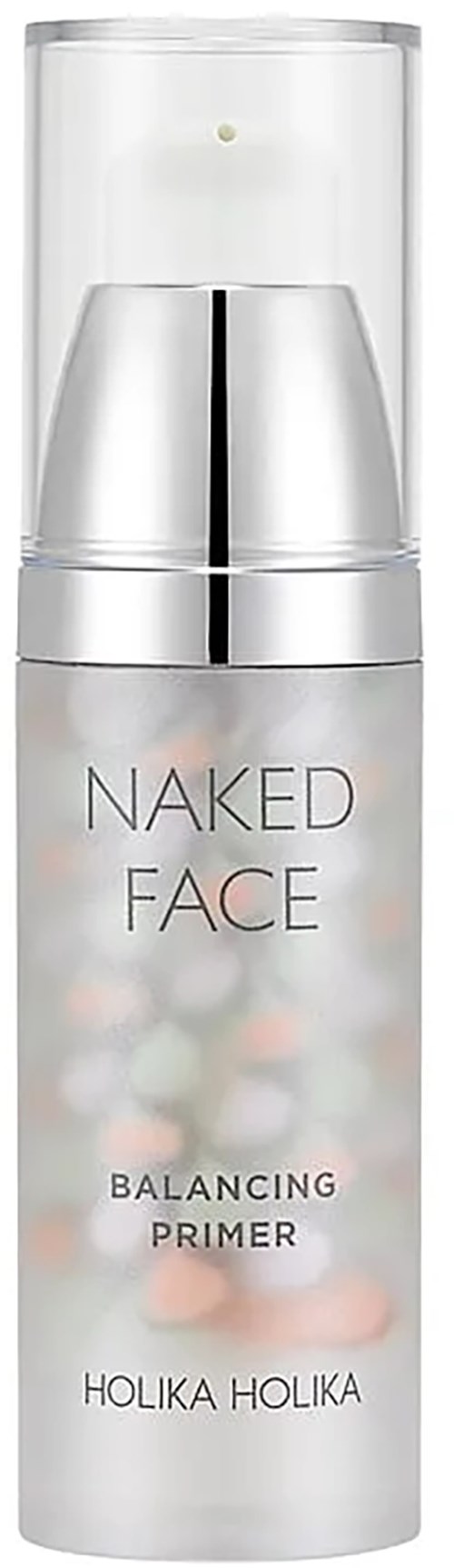 Ihonhoitotuotepullo, jossa lukee 'Naked Face Balancing Primer' valmistajalta Holika Holika, selkeä kansi ja hopea yksityiskohdat.