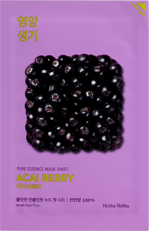 A purple sheet with black acai berries in the center and text in Korean and English about a mask.