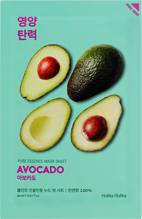 A package of avocado mask sheet, showing images of cut avocados with pits, on a green background.