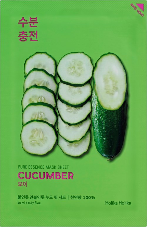 A green packet features cucumber slices and a whole cucumber. Text is in Korean and English, describing it as a water drop mask sheet.