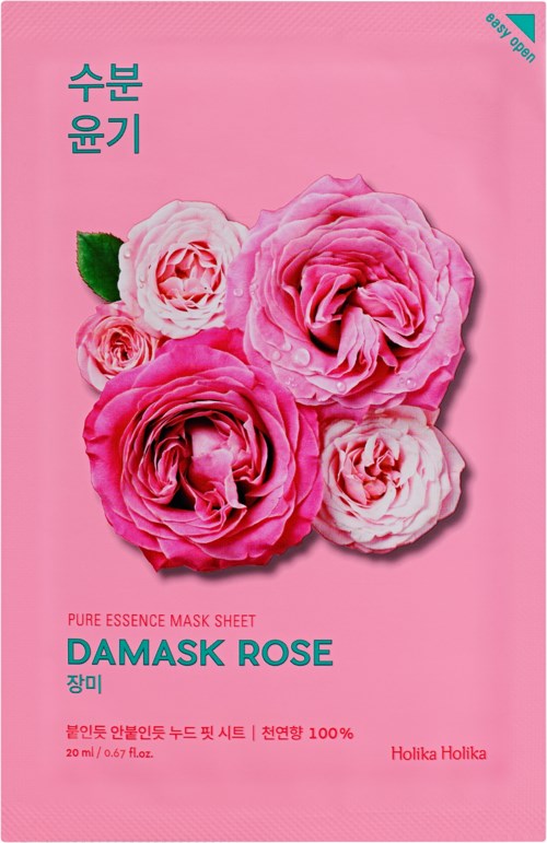 Pink packaging with images of pink and white roses, Korean and English text about a face mask sheet, fresh and floral.