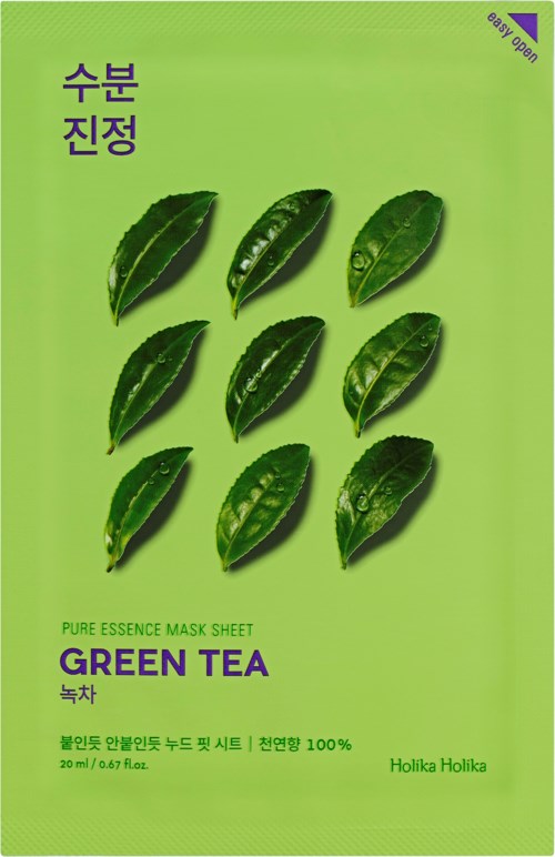 A green tea mask sheet with nine tea leaf images on it, green background, and text in Korean and English.