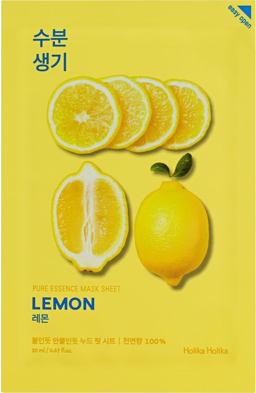 Bright yellow mask sheet with lemon images and Korean text, labeled as a hydration and brightening product.