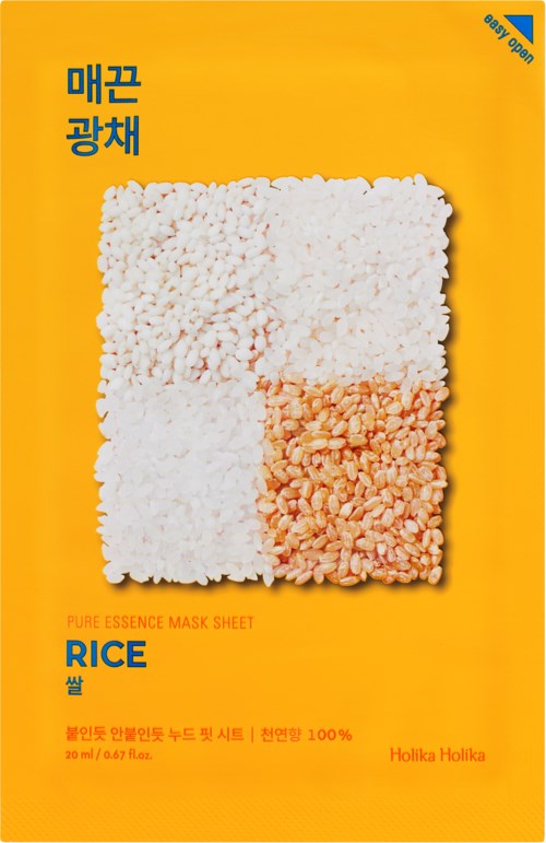 Een heldergele verpakking met afbeelding van een rijstmaskervel, blauwe en oranje tekst, en Koreaanse tekst.