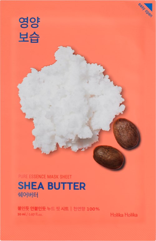 A Korean skincare sheet mask package with shea butter illustration and a cotton-like mask image.