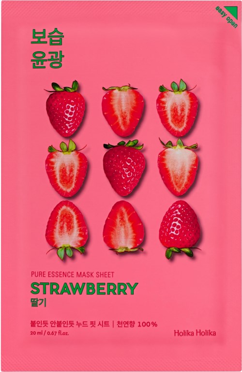 Nine strawberries shown in two rows on pink background, part of a facial mask sheet packaging with Korean and English text.