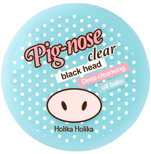 Eine blaue runde Verpackung mit Text und einer Cartoon-Schwein-Nase für Hautpflege. Schlüsselwörter: klar, schwarze Kopf, Tiefenreinigung, Öl-Balsam.