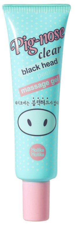 Een lichtblauwe tube met roze deksel, gelabeld 'Pig-noise clear black head massage gel,' met een varkennas-afbeelding.