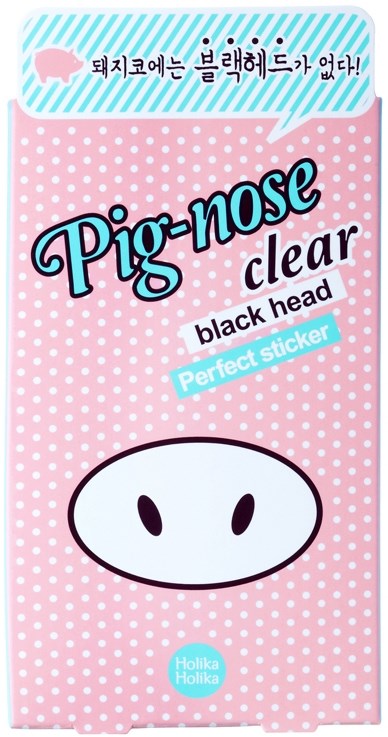 A pink dotted packaging for a pig nose sticker with a cartoon pig nose illustration, and text in multiple languages.