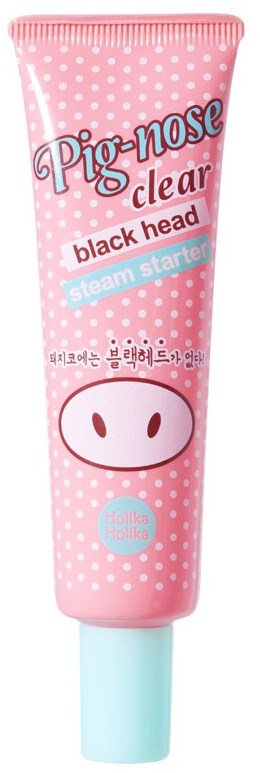 Eine rosa Tube mit einer niedlichen Schweinenase, Beschriftung sagt 'Pig-nose clear black head.'