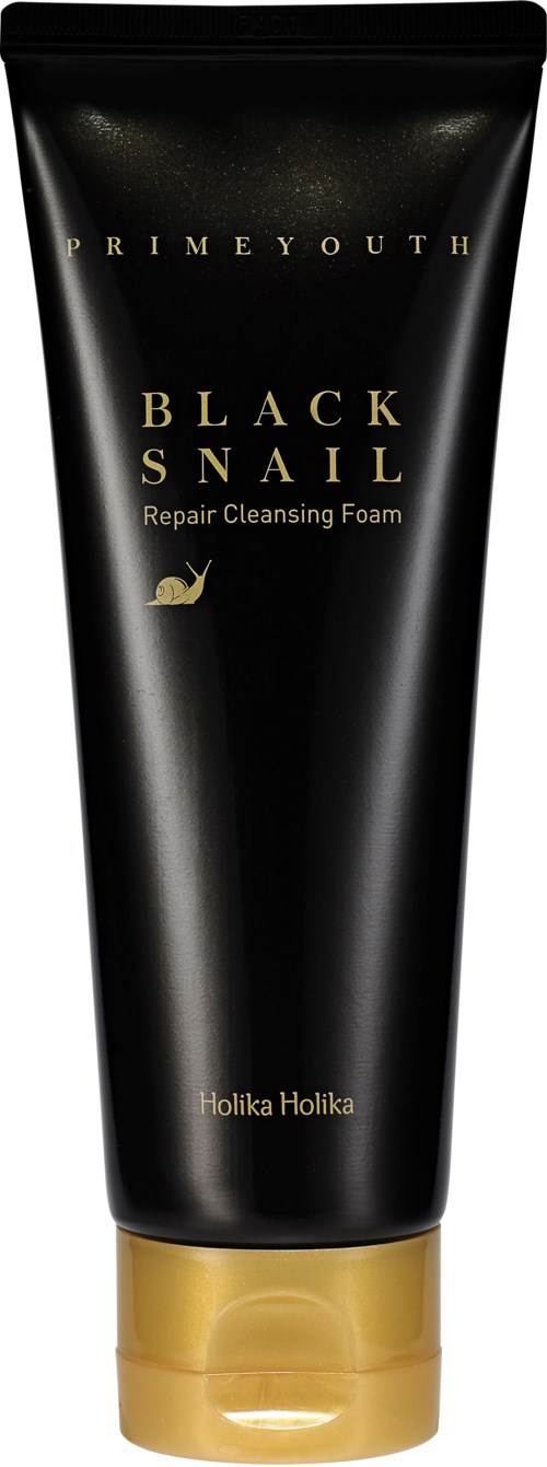 Black tube labeled 'Prime Youth Black Snail Repair Cleansing Foam' with a small snail icon and gold cap.