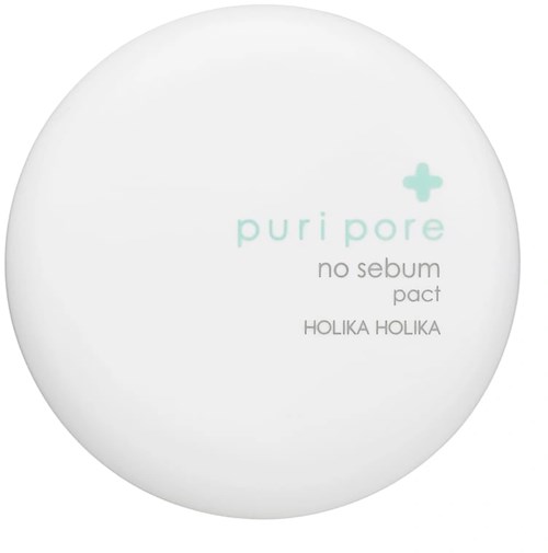 A round white container with text about skincare, mentioning no sebum and a brand named Holika Holika.