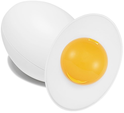 Een wit keramiek ei met een gele dooier, doorgesneden in tweeën die de binnenkant tonen. Het is eenvoudig en strak design.