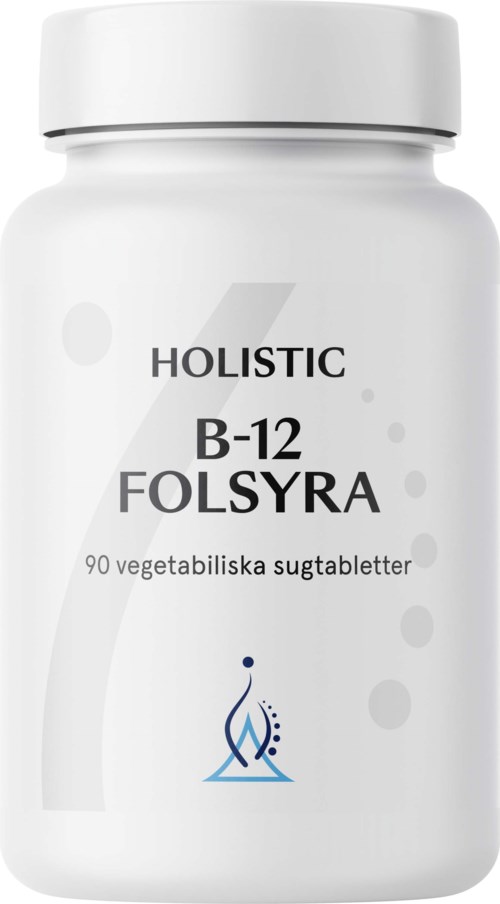 En vit flaska med en etikett som säger att den innehåller B-12-tillskott, med 90 vegetabiliska tabletter.