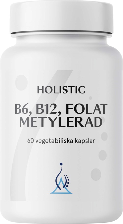 En vit flaska märkt med hälsotillskott, inklusive B6, B12 och folat, innehållande 60 vegetabiliska kapslar.