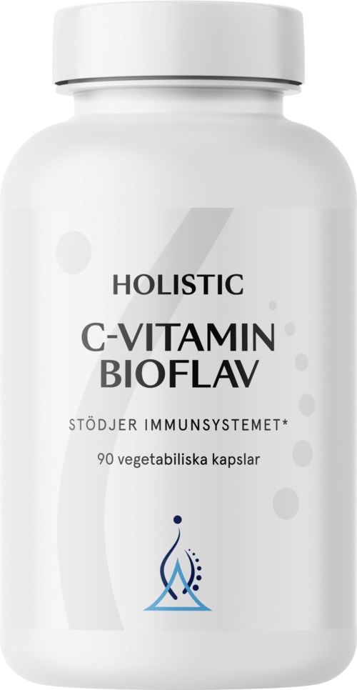 En vit flaska märkt 'Holistic C-Vitamin Bioflav,' innehåller 90 vegetariska kapslar, stöder immunförsvaret.