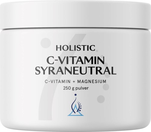 En vit burk märkt 'Holistic C-Vitamin Syraneutral' med blå och svarta texter och en liten logga som visar en droppe.