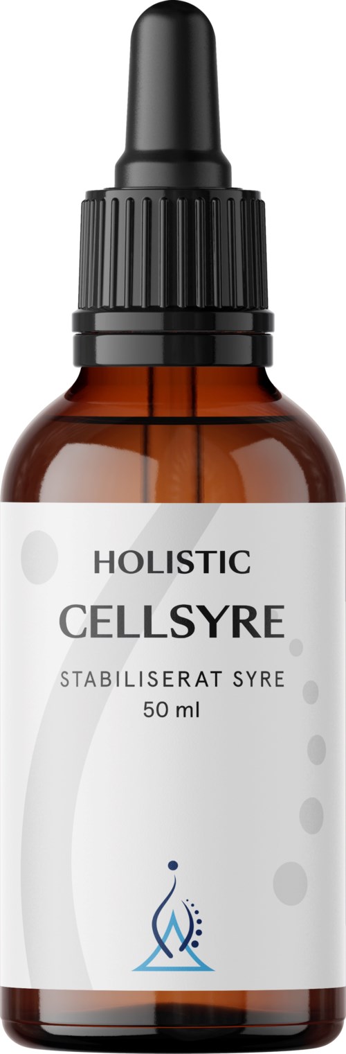 En liten brun flaska med dropplock som är märkt 'Holistic Cellsyre Stabiliseret Syre' innehållande 50 ml.