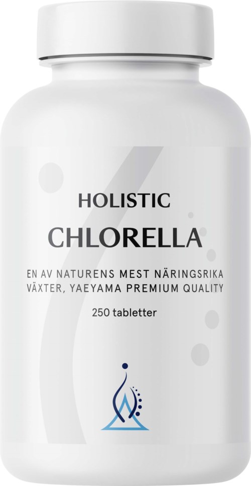A white bottle labeled 'Holistic Chlorella' with 250 tablets. It has a simple design and small logo at the bottom.