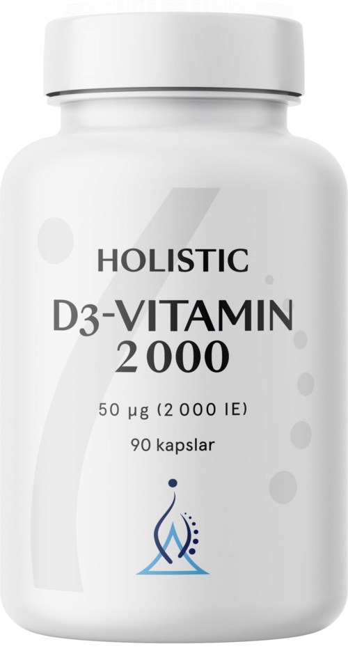 A white bottle labeled 'Holistic D3-Vitamin 2000' with information about capsules inside.