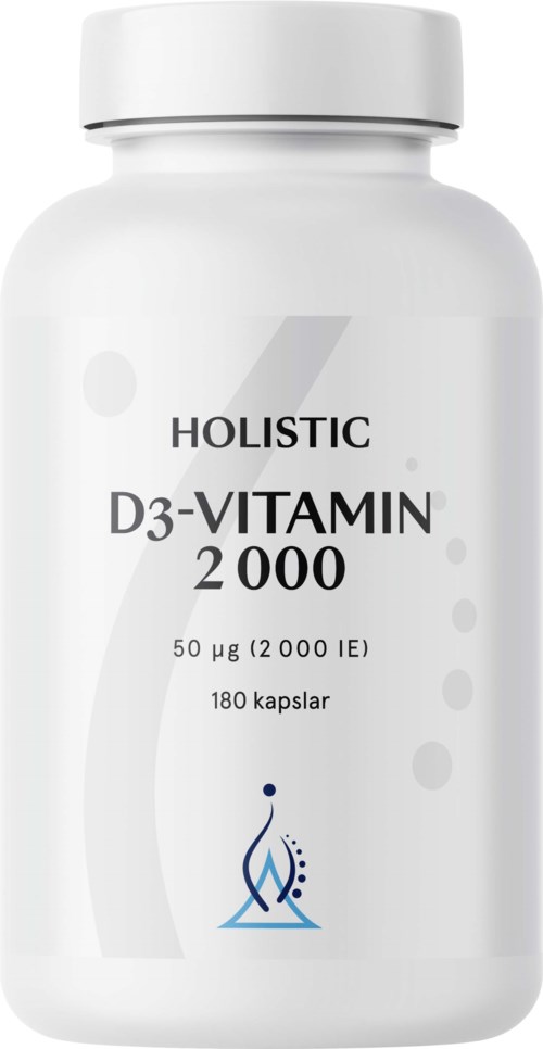 Bottle with label showing 'HOLISTIC D3-VITAMIN 2000,' 180 capsules, and a scientific logo.