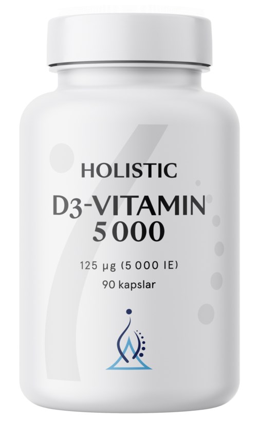 En vit flaska märkt 'Holistic D3-Vitamin 5000' med 90 kapslar, varje kapsel har 125 mikrogram.