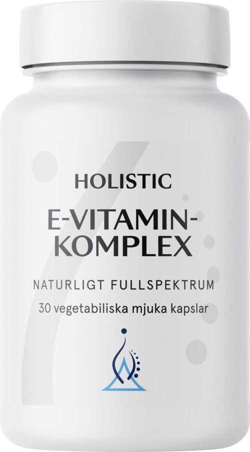 White bottle with label showing 'HOLISTIC E-VITAMIN-KOMPLEX' and information about 30 vegetable capsules.