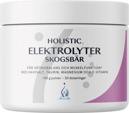 En vit burk märkt 'Holistic Elektrolyter Skogsbär' med lila och grå accenter, innehållande pulver för näringsbalans.