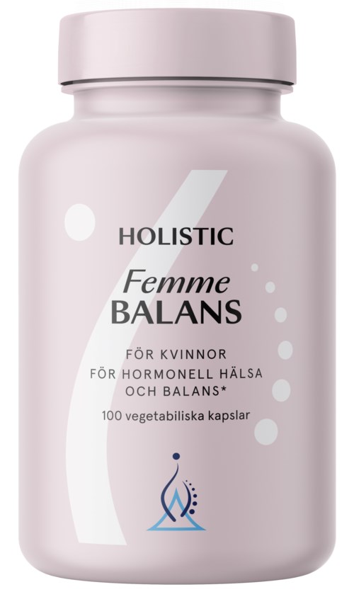En rosa flaska märkt 'Femme Balans' för kvinnor, innehåller 100 vegetabiliska kapslar, med fokus på hälsa och hormonbalans.