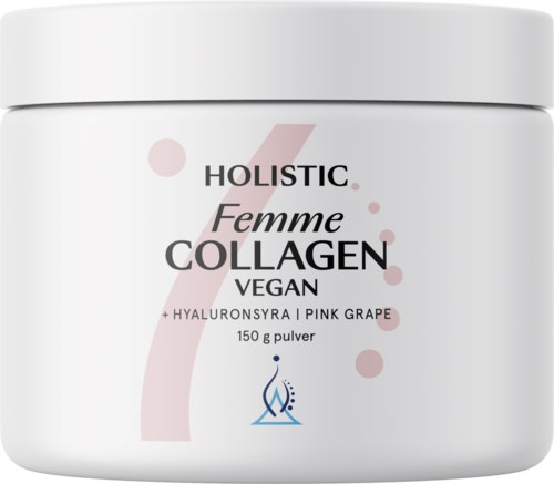 En vit behållare märkt vegansk kollagenpulver med rosa druvor, hyaluronsyra och rosa detaljer.